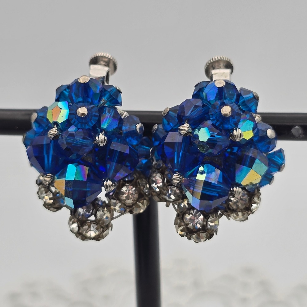 Vintage Vendome Blue Earrings Aurora Borealis Crystal Rhinestone Cluster Clip On